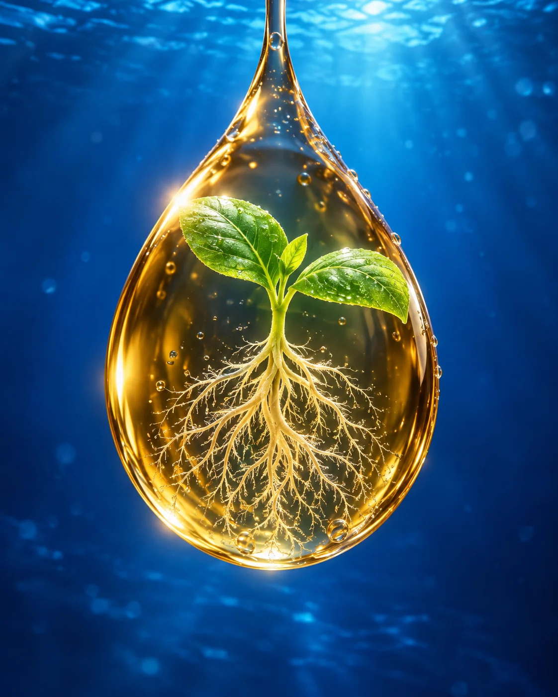 Composición artística: planta con raíces dentro de una gota ámbar sobre un fondo azul marino